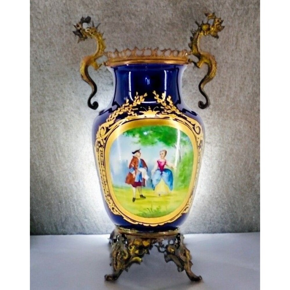 French Sevres Signed Porcelain Cobalt Blue Guilt Bronze Courting Couples Vase